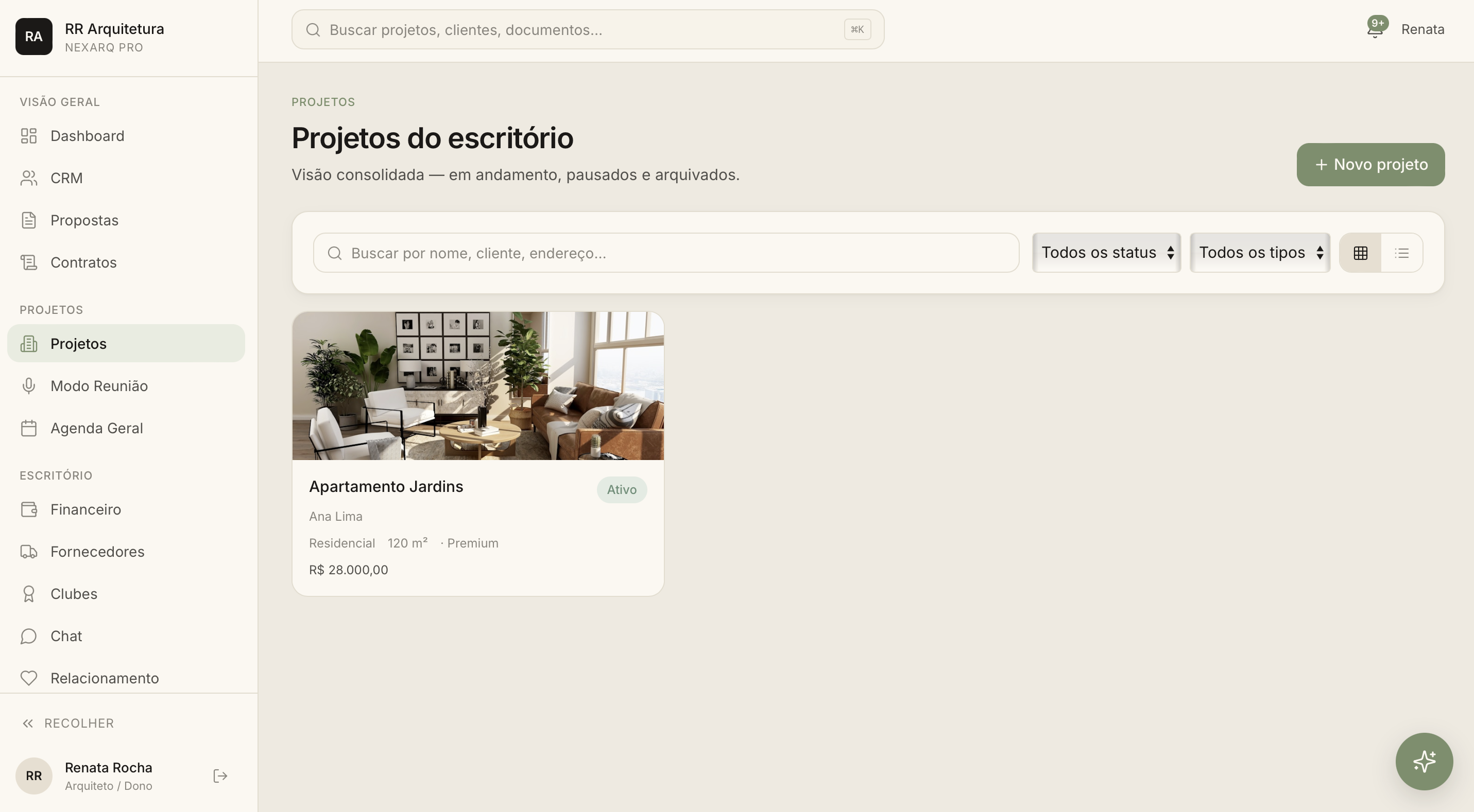 Visão consolidada dos projetos do escritório