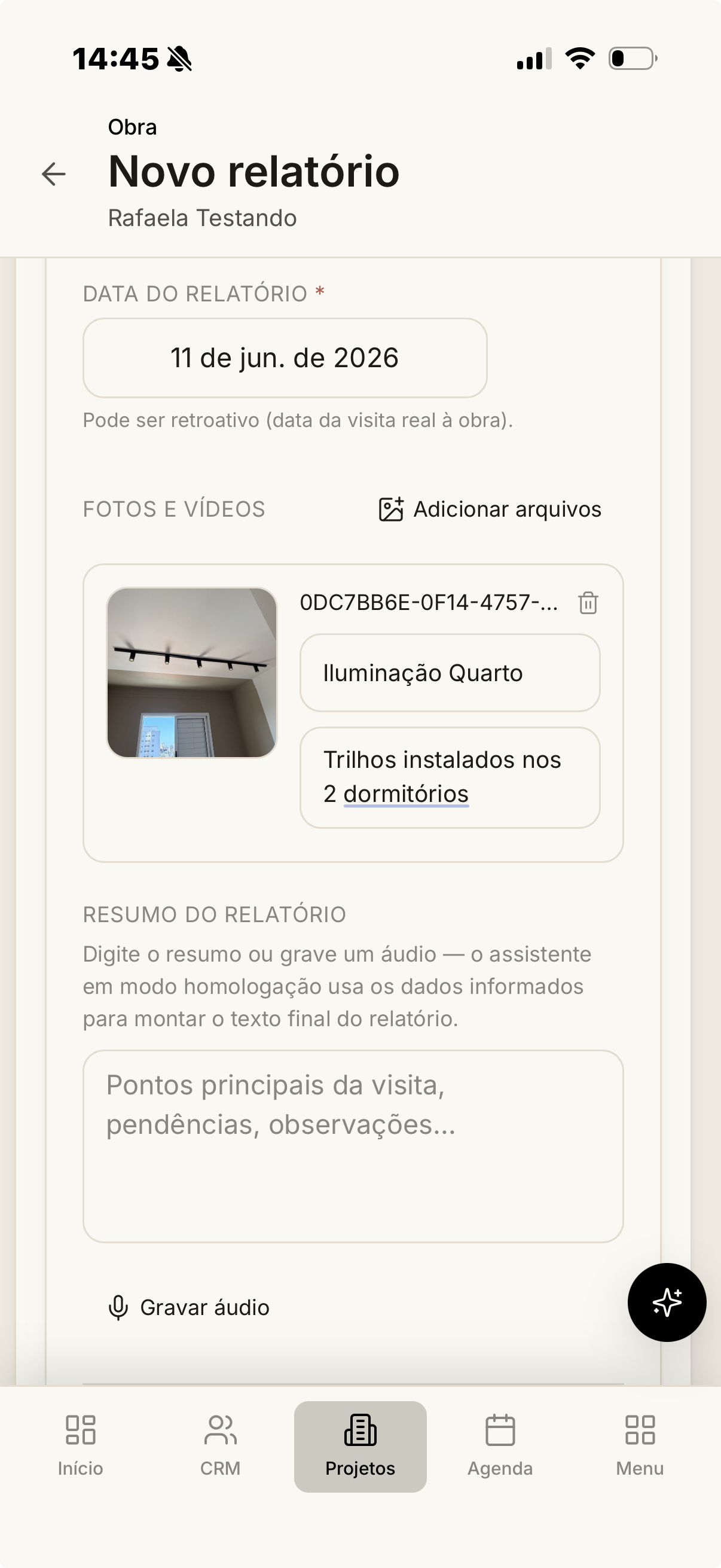 Novo relatório de obra com fotos e resumo por transcrição de IA