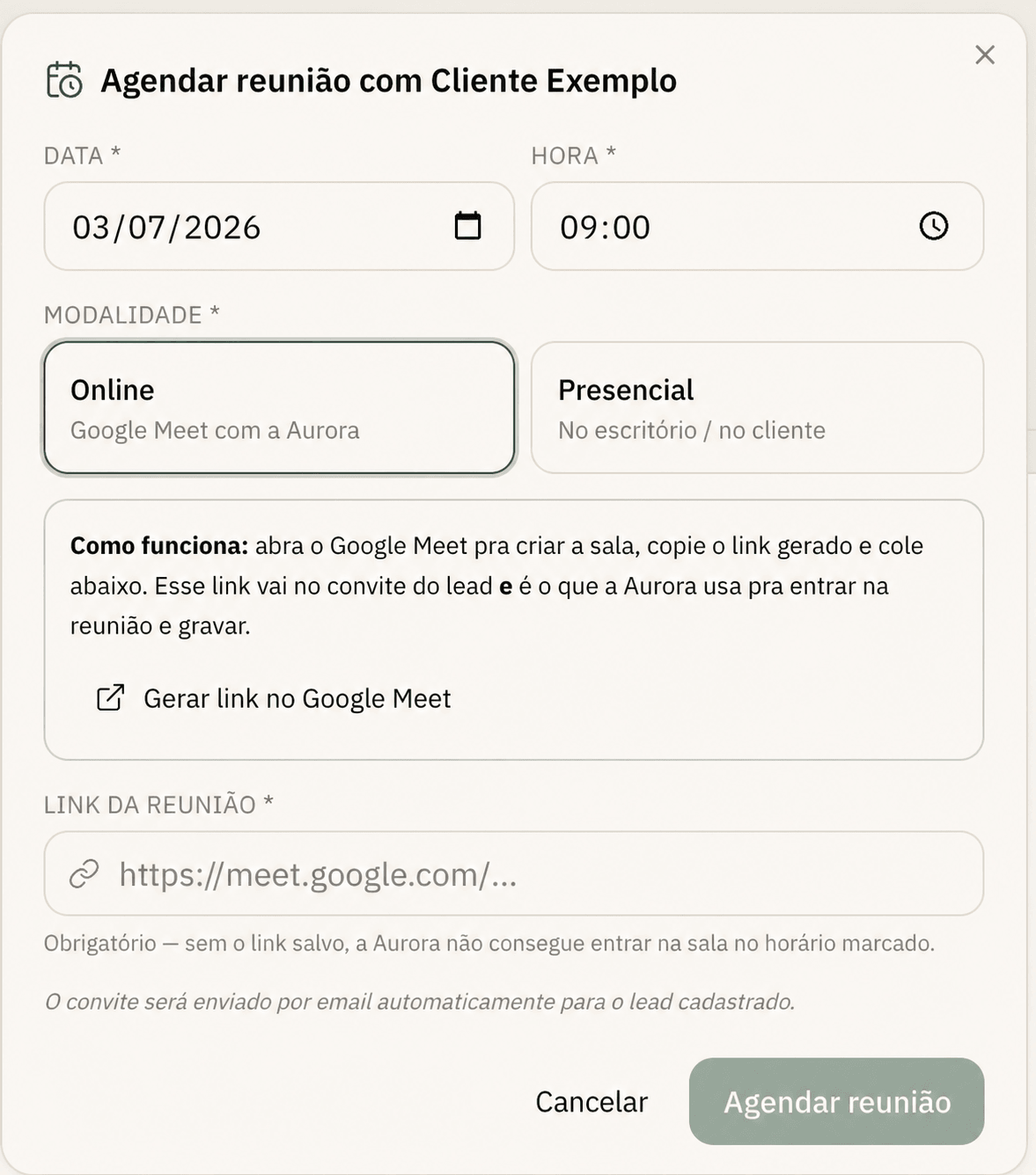 Agendar reunião com a Aurora gravando